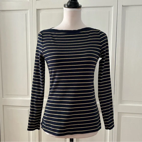 Lauren Ralph Lauren Navy and Gold Striped Long Sleeve Top PM - Picture 2 of 14